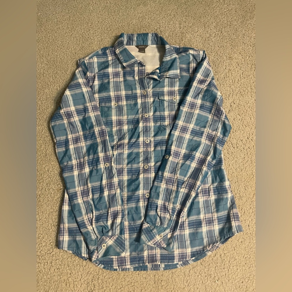Eddie Bauer | Flannel Button Up | Blue, White, and Gray | Small